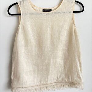 Theory 100% Linen Fringe Top S Cream Minimalist Sleeveless